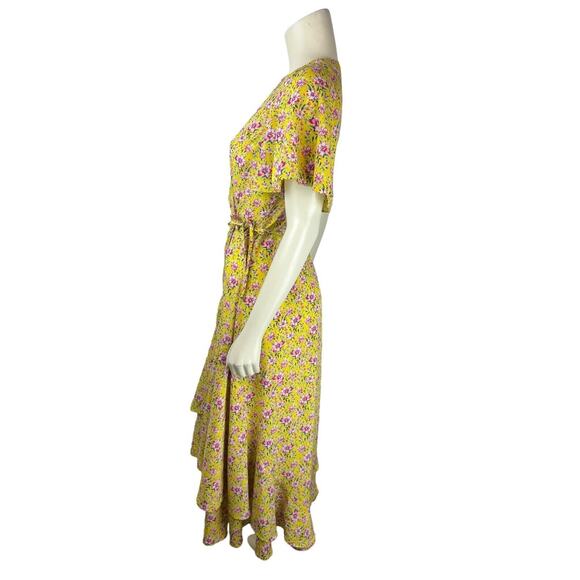 Roller Rabbit Yellow Floral Print Wrap Dress Size S Midi Prana Filena Ruffle - Picture 3 of 10